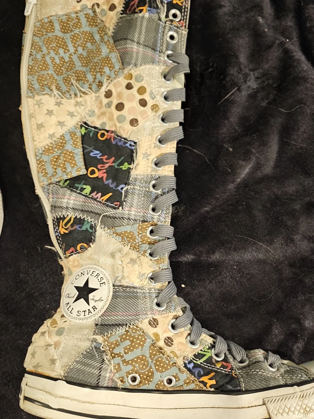 Converse Patchwork High-Top Sneakers in Cream, Black, Brown & Blue - Picture 2 of 2